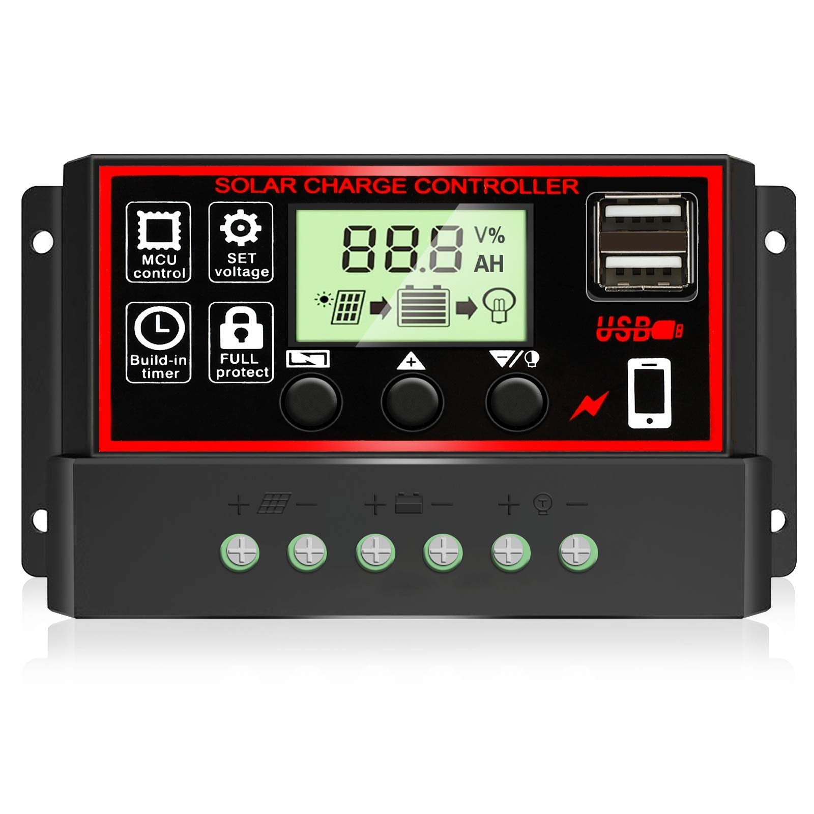 Verilux® 10A Solar Charge Controller, Black Solar Panel Battery Smart Regulator, Dual USB Ports 12V/24V PWM Automatic Paremeter Adjustable LCD Display Verilux® 10A Solar Charge Controller, Black Solar Panel Battery Smart Regulator, Dual USB Ports 12V/24V PWM Automatic Paremeter Adjustable LCD Display